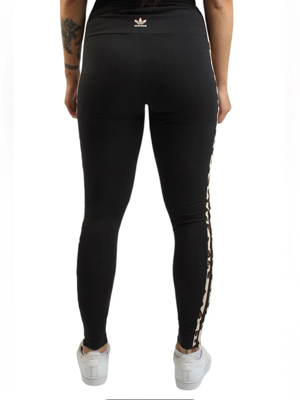 adidas Black Leggings with Tan Leopard-Print Side Stripes